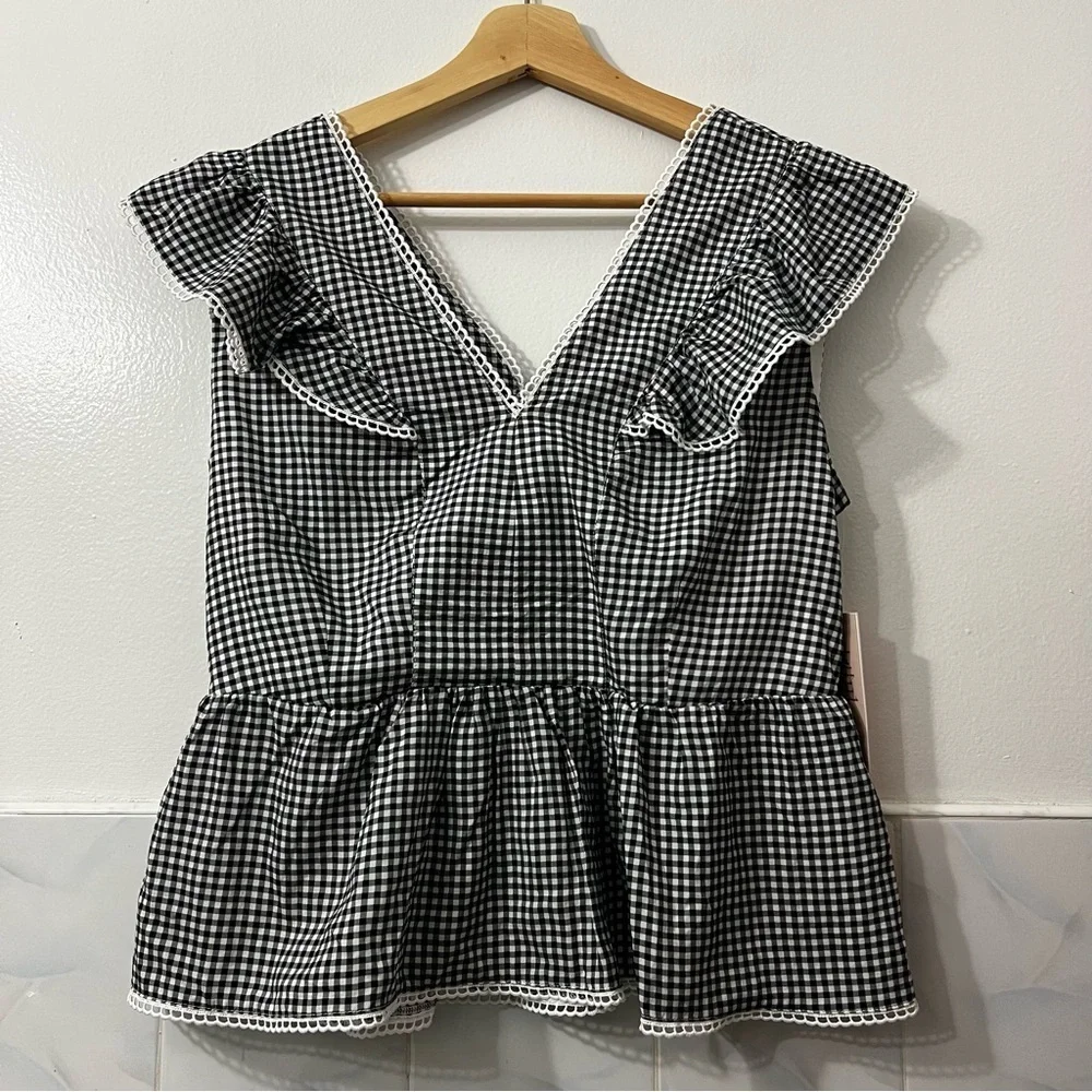 Nanette Lepore S Gingham Ruffle Tencel Peplum Blouse Retro 50s 60s Cottagecore